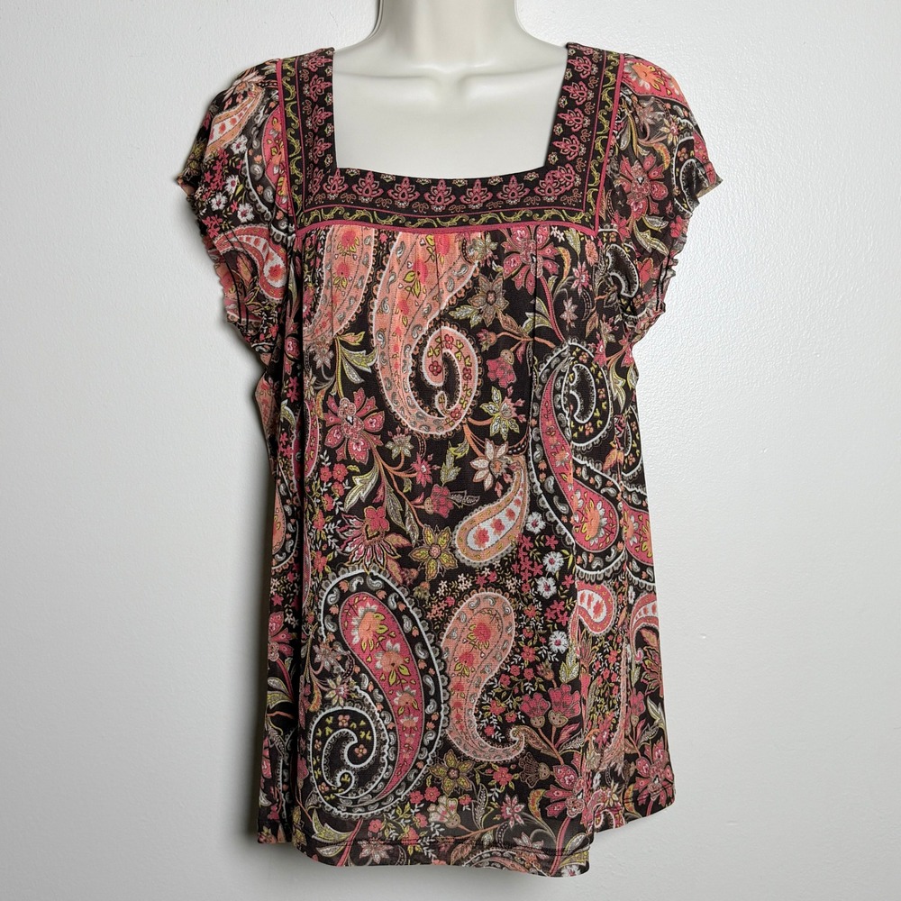 Apt. 9 Womens Top M Brown Paisley Square Neck Lined Mesh Boho 90s Whimsygoth